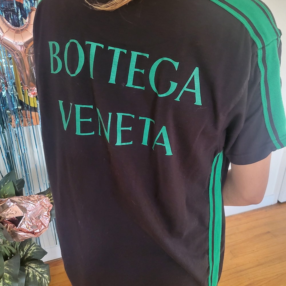 Bottega Veneta Racing Black T-Shirt with Green Logo and Side Stripes